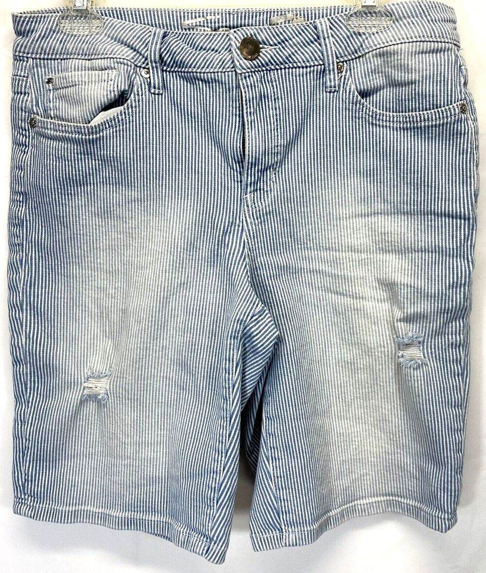 Seven 7 Women's Denim Striped Jean Bermuda Distressed Shorts Size 10